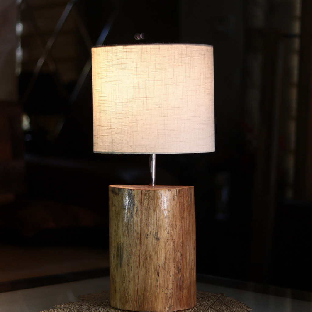 Minimal Wooden Log Table Lamp with Soft Fabric Shade