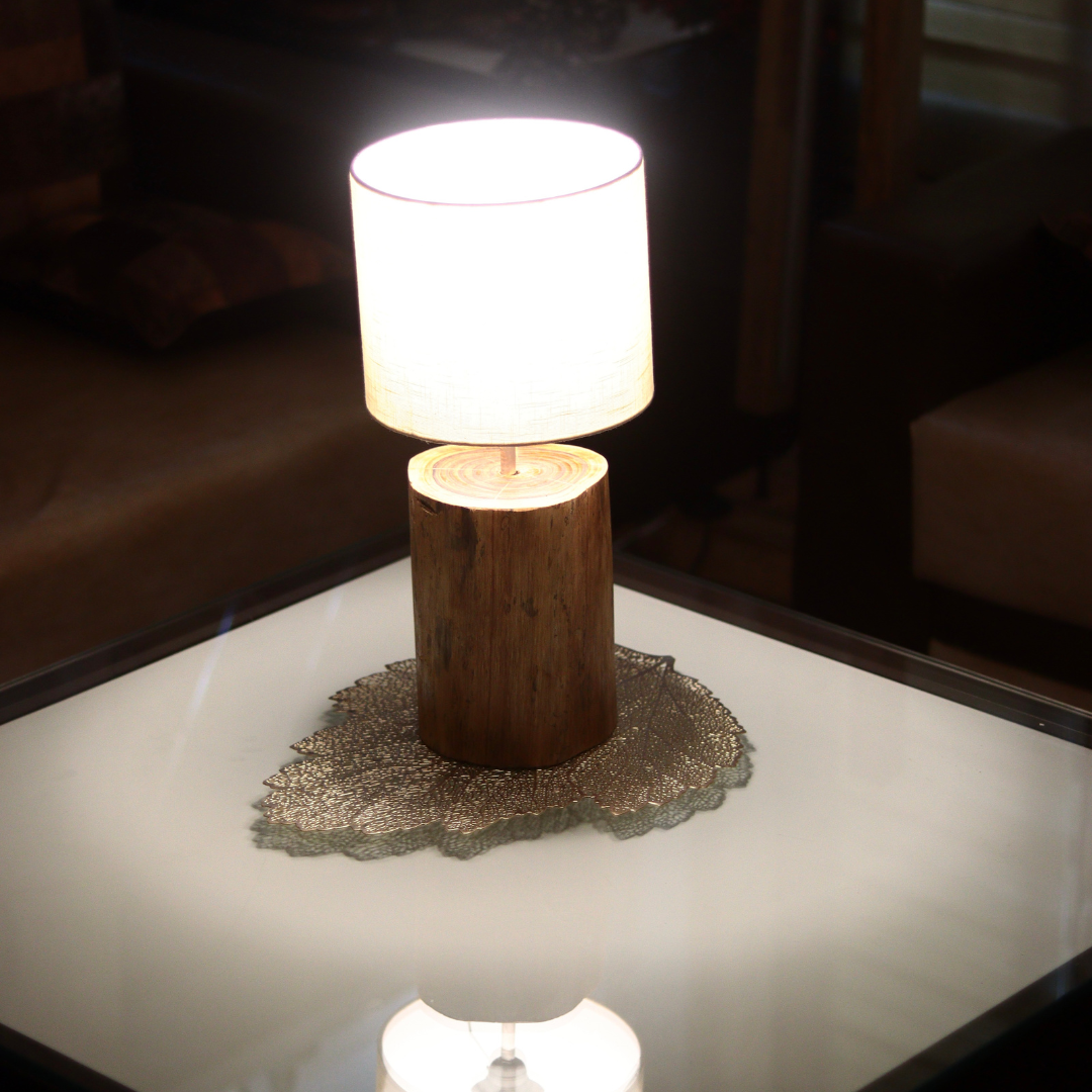 Minimal Wooden Log Table Lamp with Soft Fabric Shade