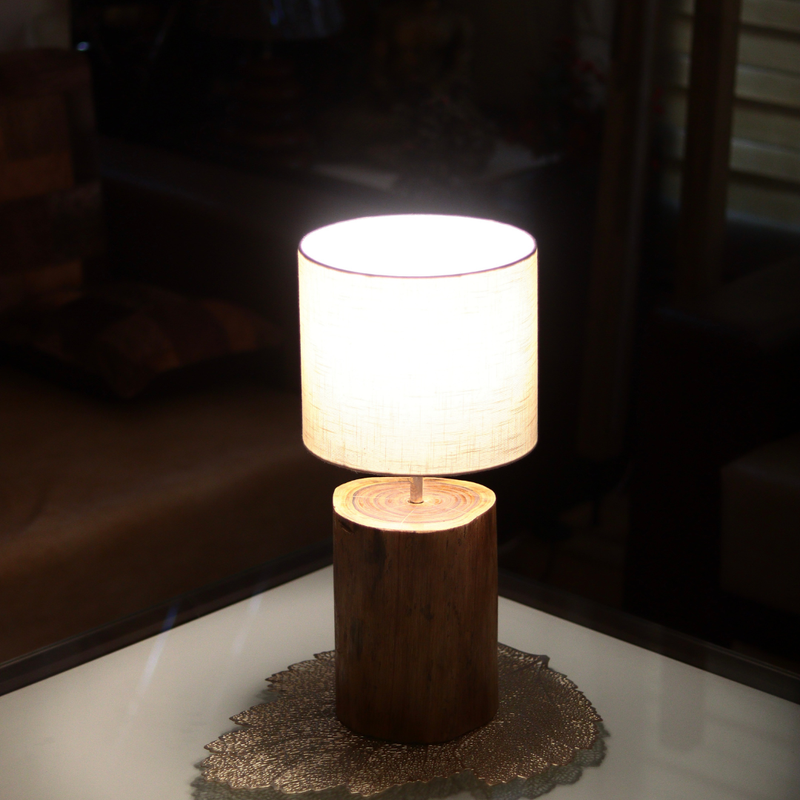 Minimal Wooden Log Table Lamp with Soft Fabric Shade
