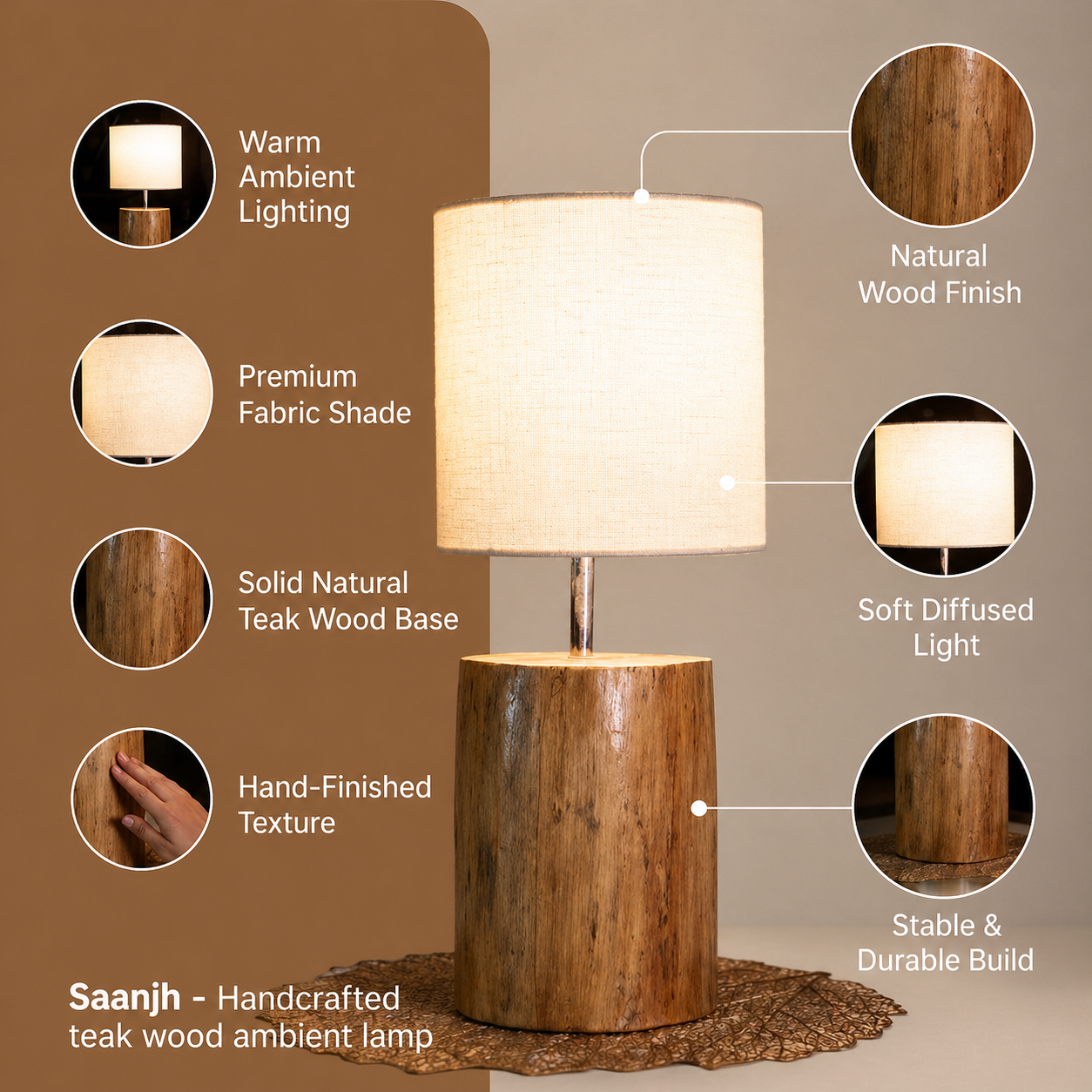 Saanjh- Handcrafted teak wood ambient lamp