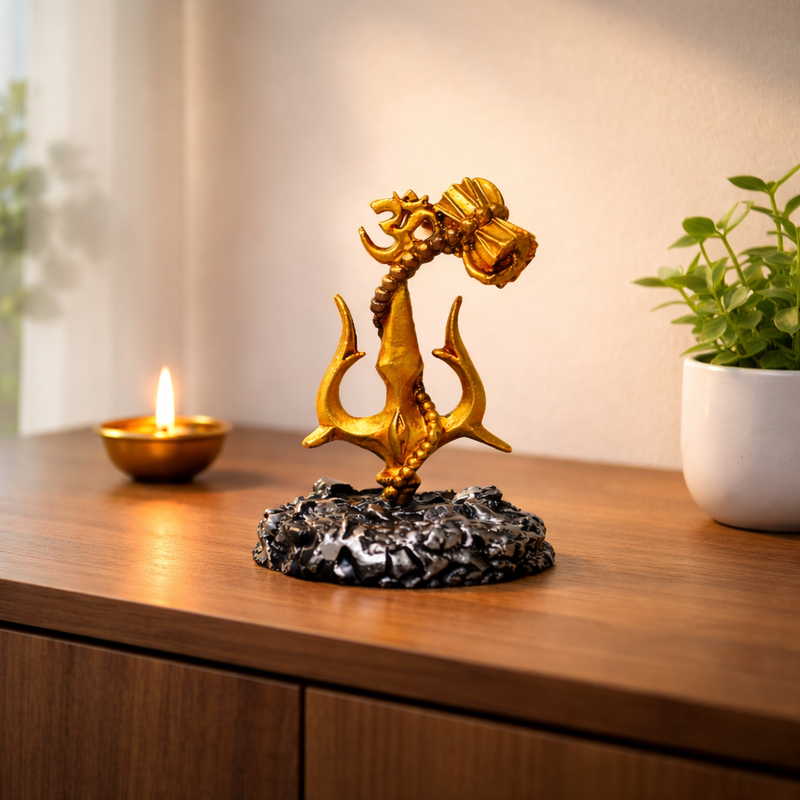 Shiv Trishul with Damru Idol – Gold Finish