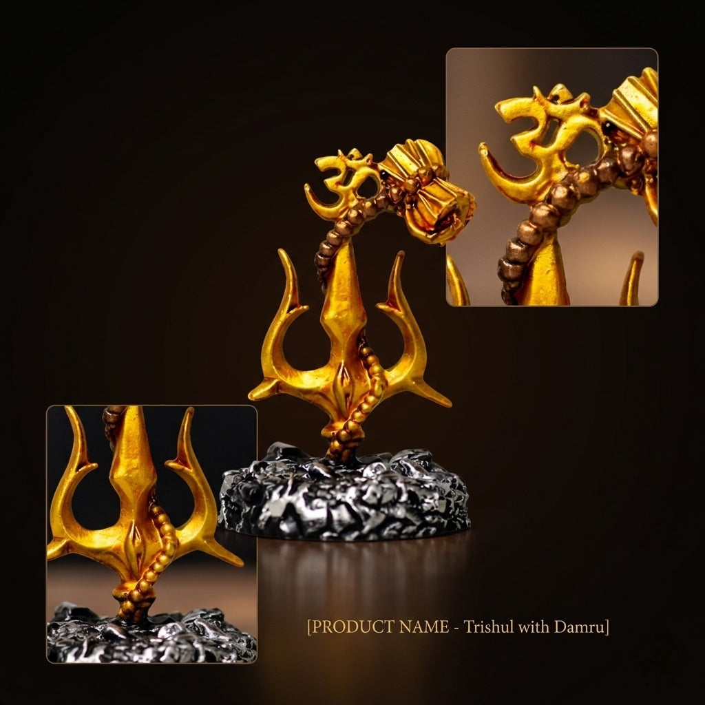 Shiva Trishul with Damru – Gold Finish For Car Dashboard